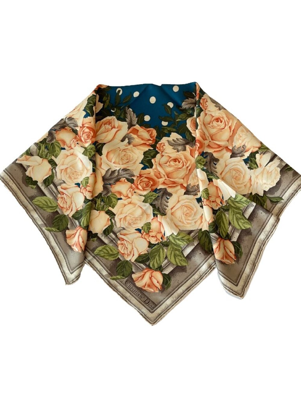 Vintage Christian Silk Scarf with Roses & Polka Dots